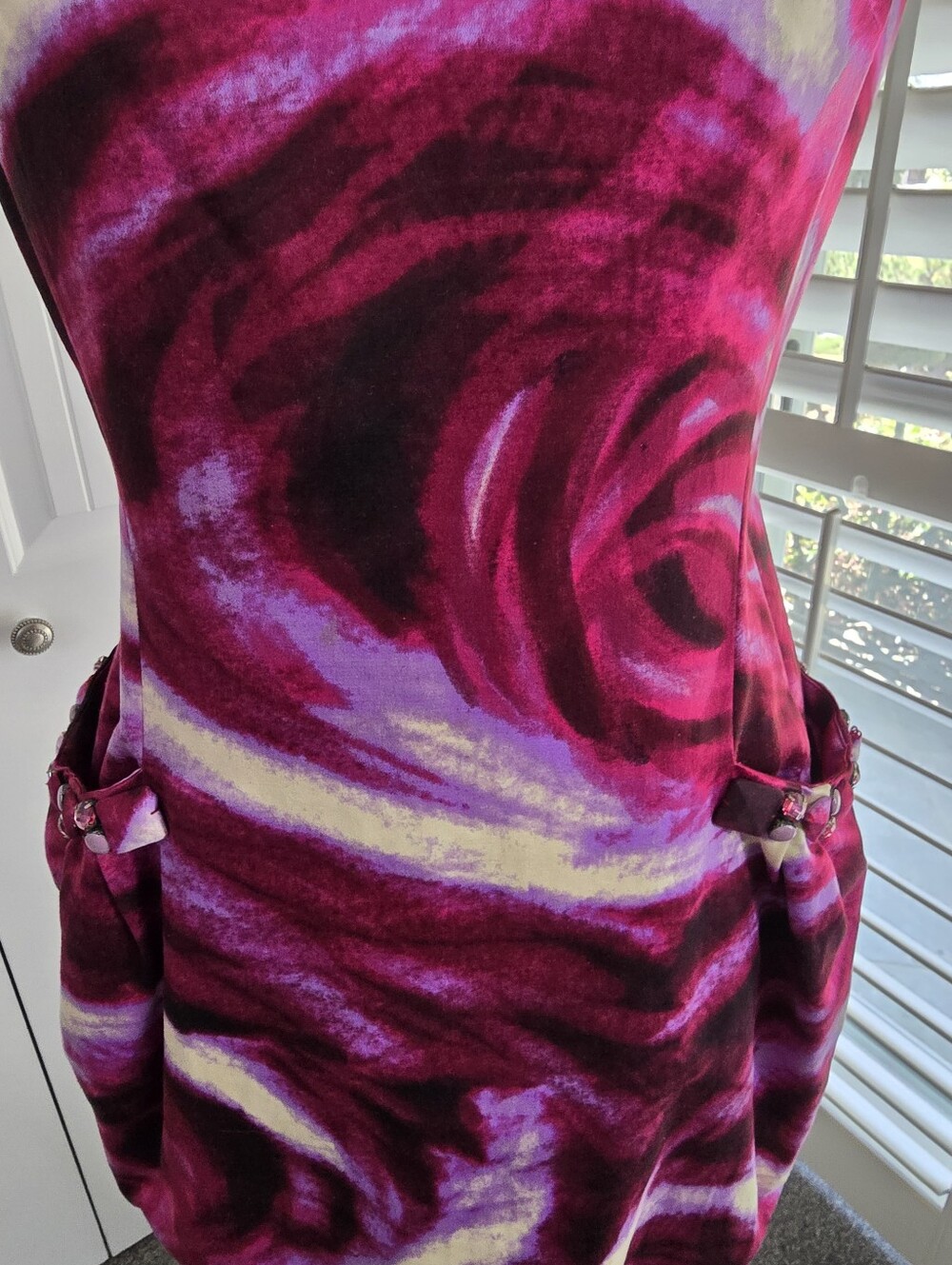 BCBGMAXAZRIA Magenta Swirl Satin Sleeveless Cocktail Mini Dress - Picture 4 of 13